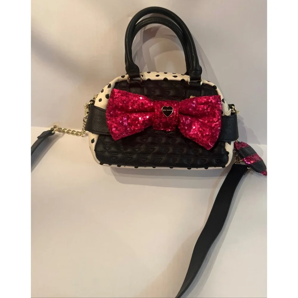 Betsy Johnson Purse Bag Handbag Black White Polka Dot Pink Sequin Bow With Strap